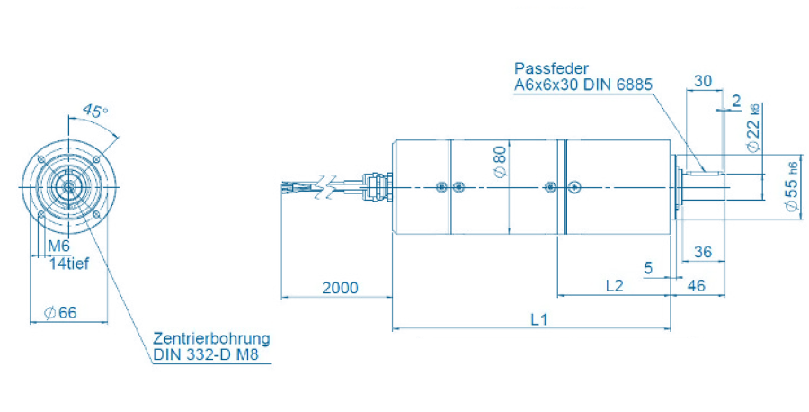 Blueprint of a HSM Series motor with gearbox